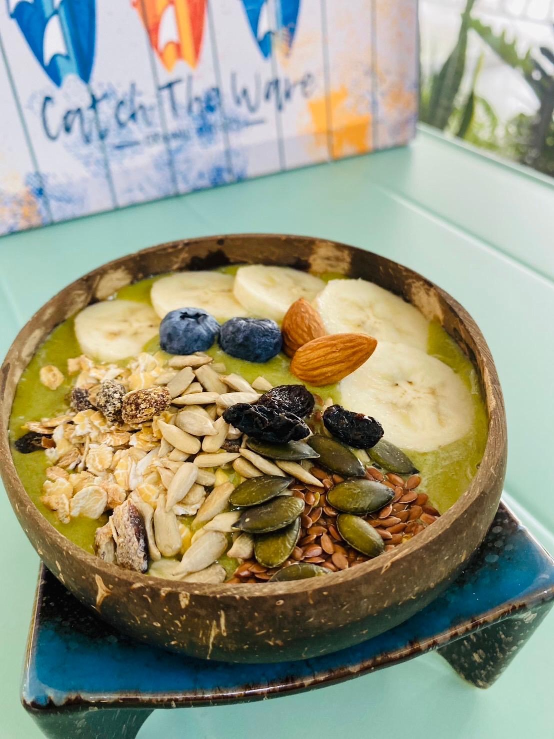 Matcha Base · green smoothie bowl with banana, blueberry, granola, almond, seeds